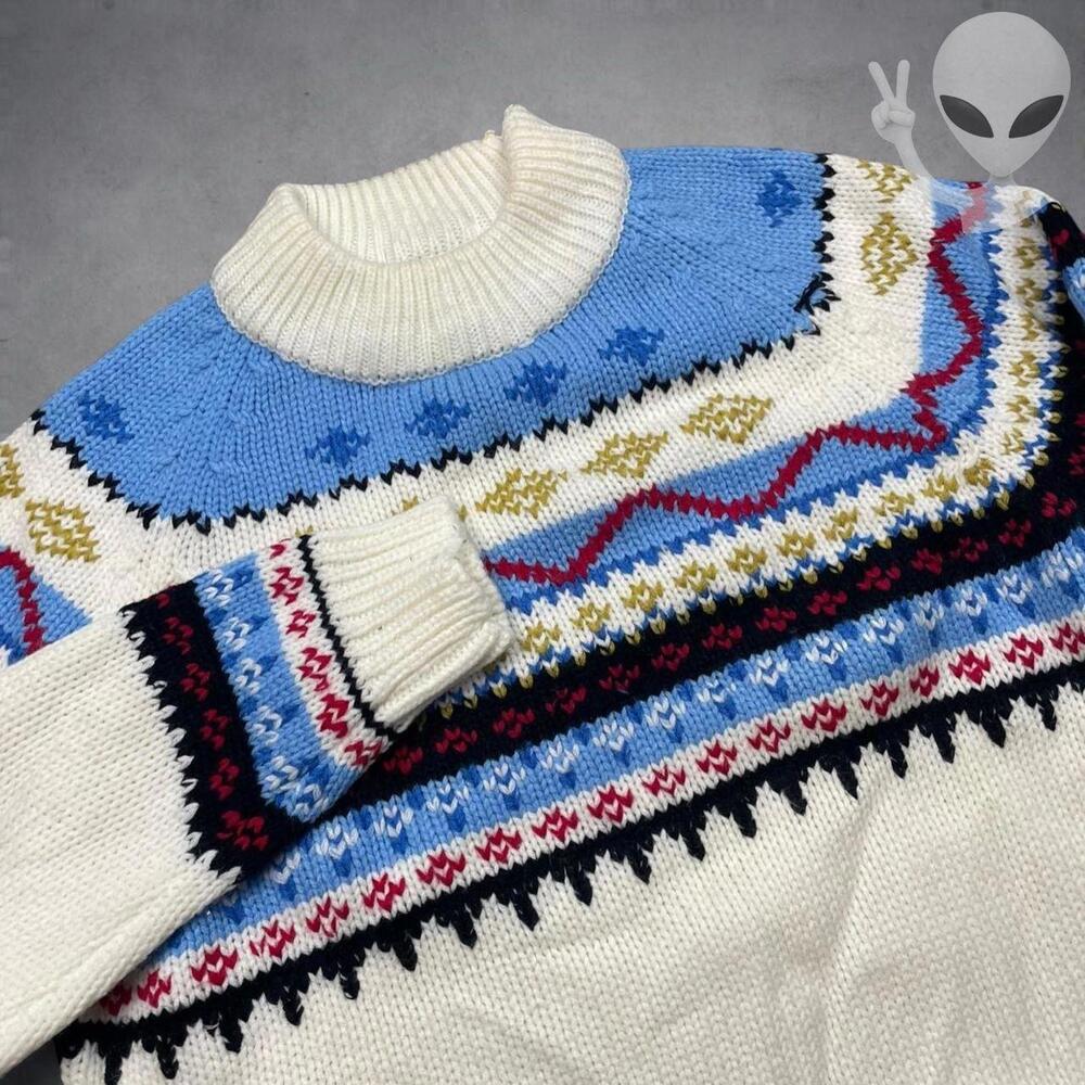 Vintage 70s Grants Mens Medium Fair Isle Ski Sweater Cream Blue Ribbed Knit - Picture 2 of 7